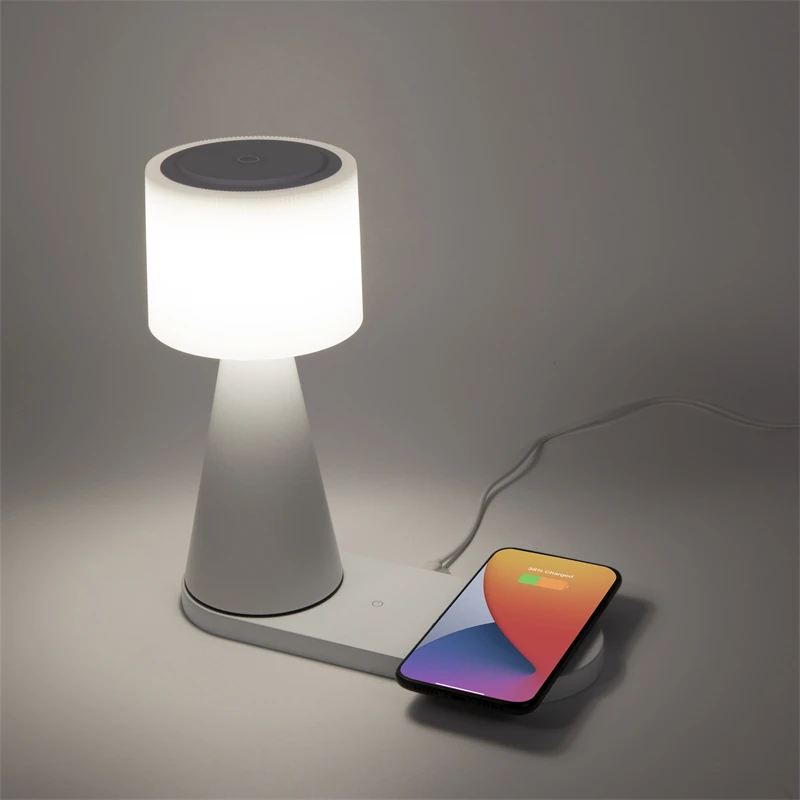 Mini G Shape Smart Desk Lamp, Cordless Bedside Table Lamp LED Wireless Charging Lamps with Speaker Alarm Clock