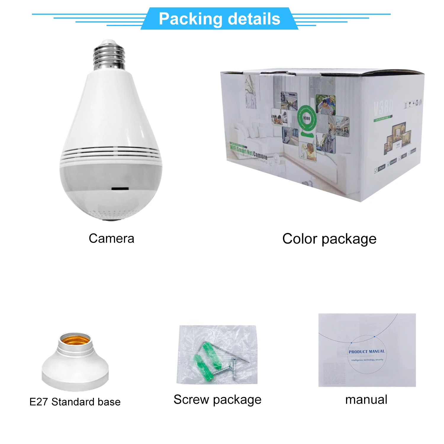 V380 Wifi Light Bulb  Panoramic Camera 1080p Hd Lamp Holder Home Security Wireless Spotlight Camera