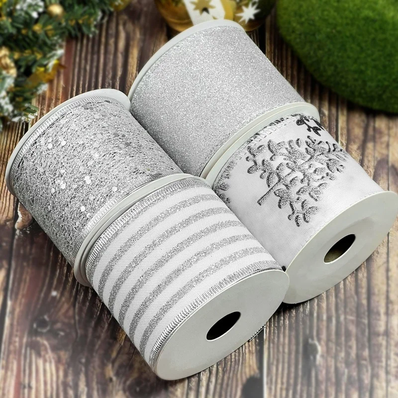 Silver glitter 2.5 inch Christmas black wired ribbon for gift wrapping Christmas tree decoration