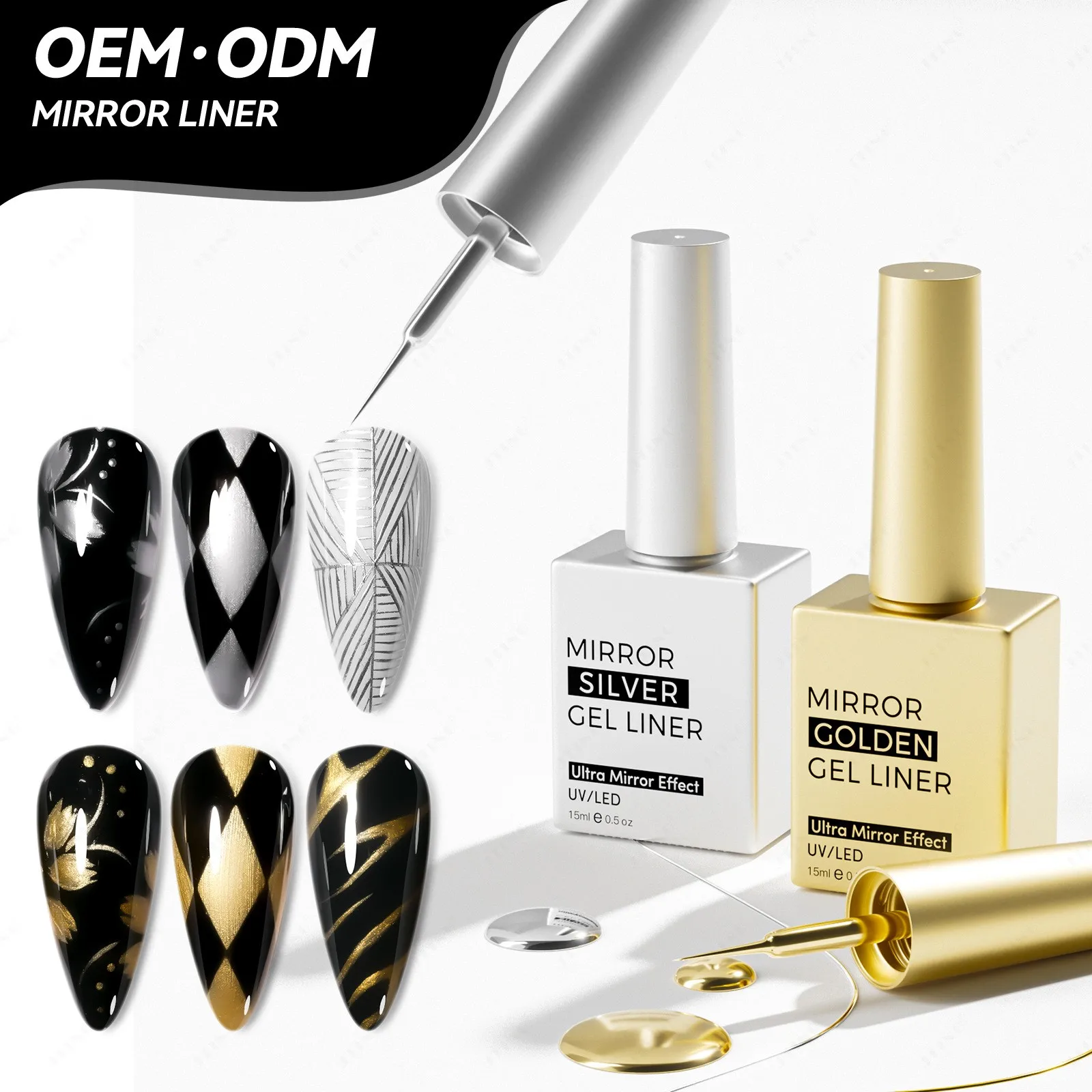 High Gloss Metallic Effect Painting Gel Nail Polish Gold/Silver French Nail Gel with Drawing Lines Metallic Polish Mirror Powder
