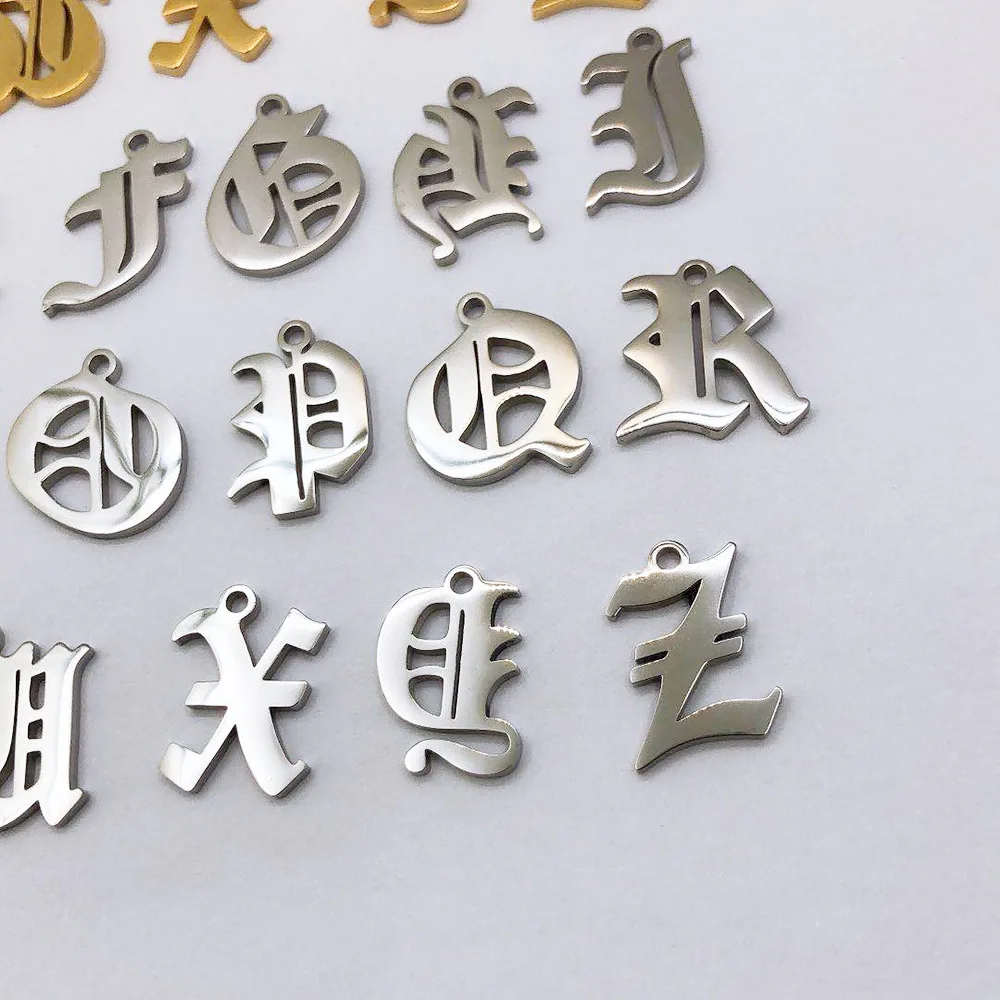 Factory Wholesale Gothic Style 304 Stainless Steel Jewelry Accessories 13x15mm 26 Old English Letters Pendant