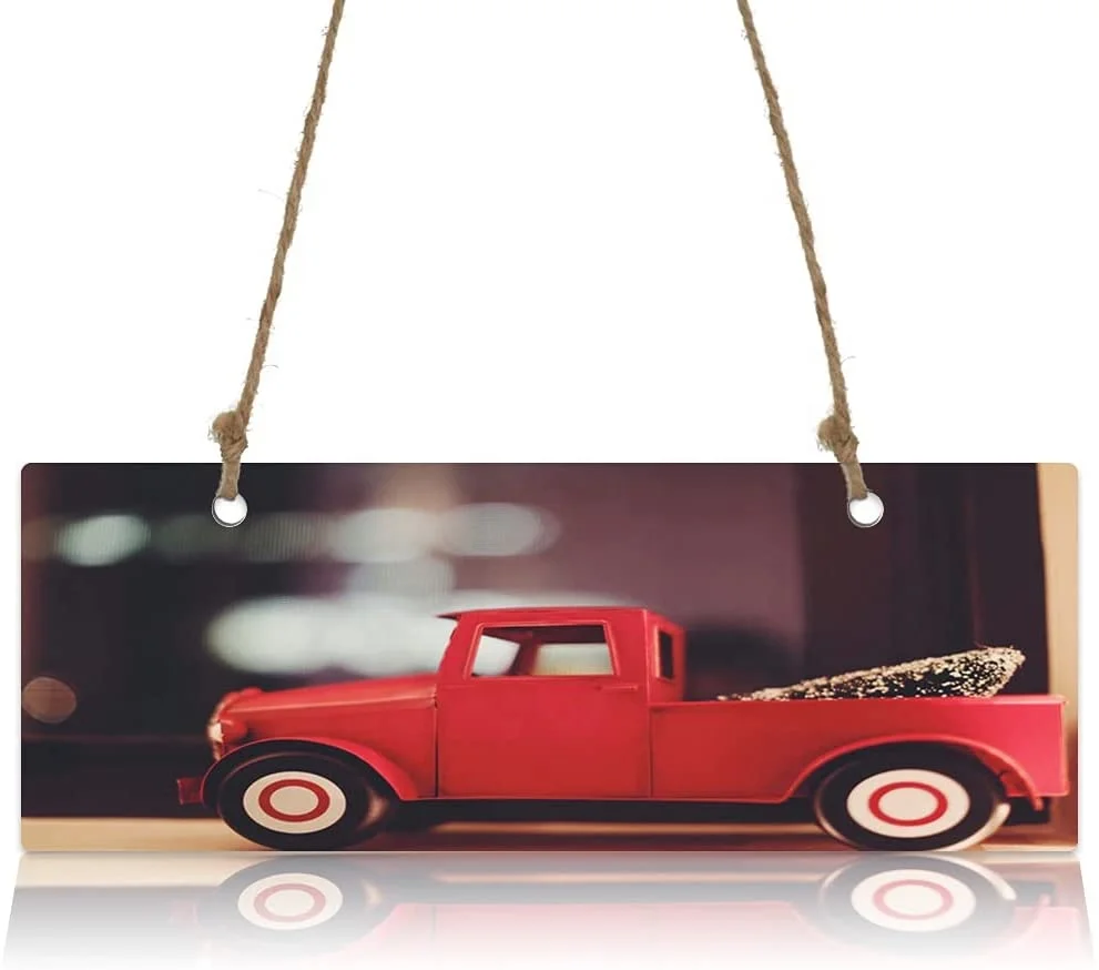 Hanging Sign Front Door Home Wood Plaque for Wall Decor, Red Christmas Car Welcome Signs Board Indoor Outdoor Hanging Wall Art