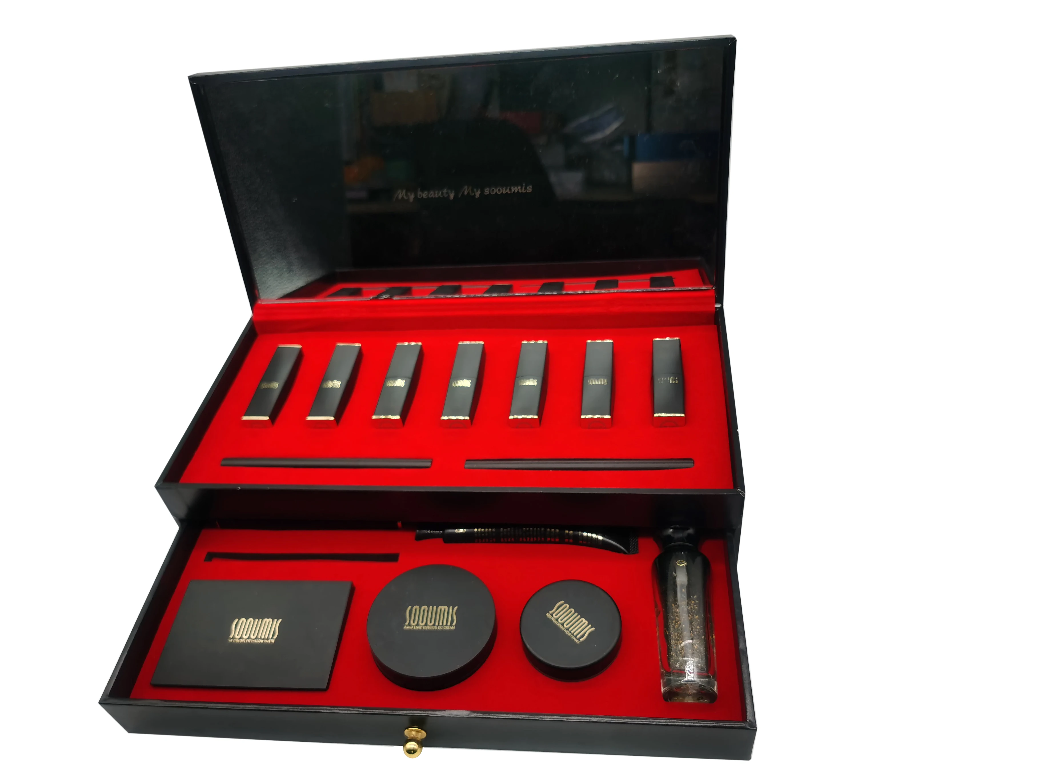 Custom Hard Case Black Double 2 Layer Drawer Rigid Lipstick And Cosmetic Set Gift Packaging Box