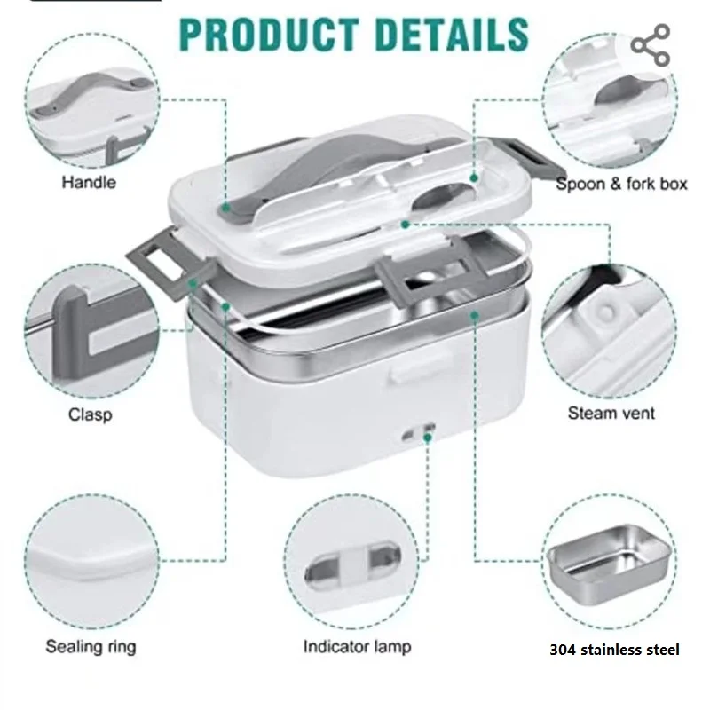 Electric Lunch Box Food Thermal Container Stainless Steel Water-free Portable Heated Lunch Box for car and home