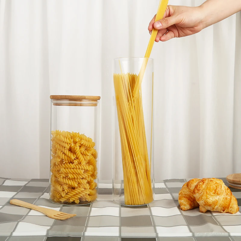 Kitchen Storage Bottles Jars Bamboo Lid Empty Glass Containers For Coffee Noodles Rice Candy