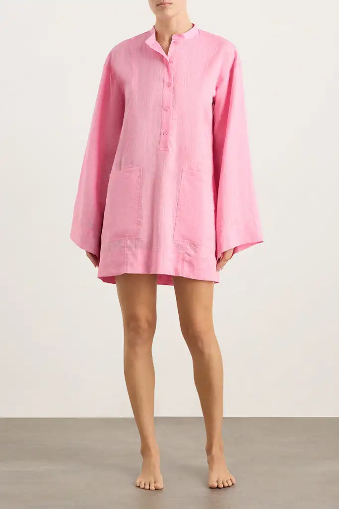 Custom Ladies Loose Fit Button Design Linen Short Dresses Casual Flared Sleeve Patch Pocket Beach Dresses Women Vacation Dresses