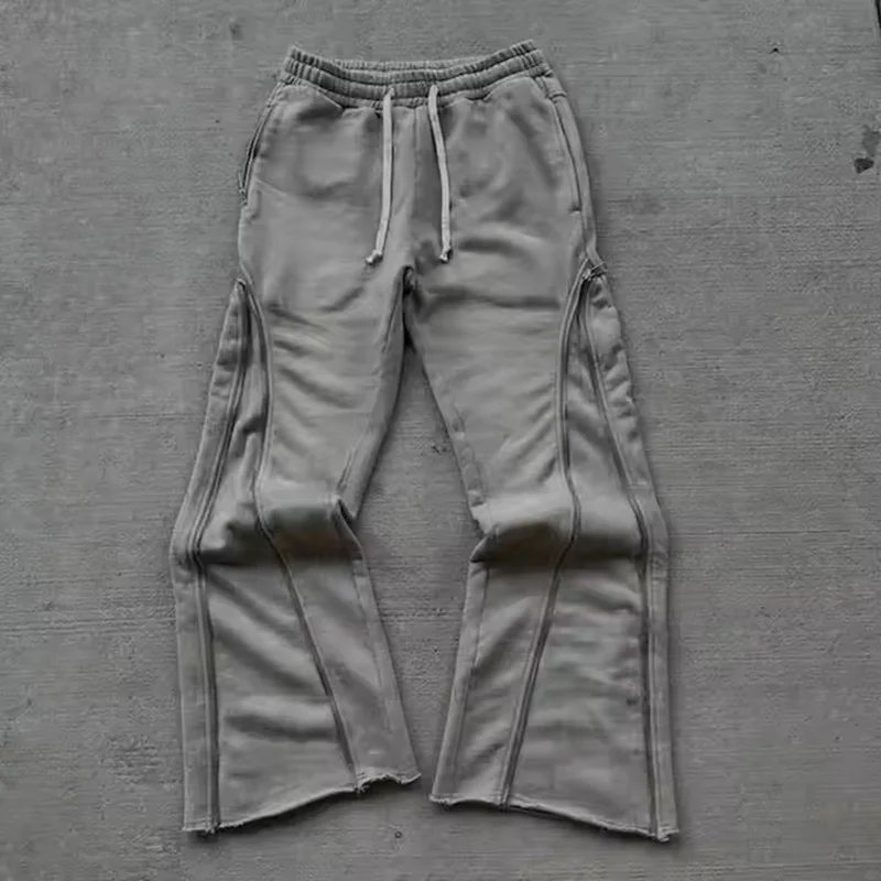 Rainbow Spray Streetwear Custom Sun Faded Flared Sweat Pants Men Zip Up Blank Heavy Cut and Sew Baggy Acid Washed Sweatpants Men