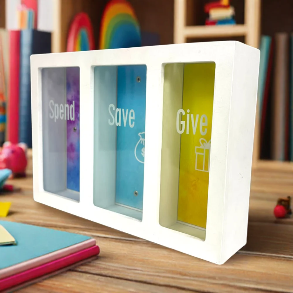 Custom Kids Wooden Piggy Bank Saving Box Personalized Desktop Piggy Bank Gift Money Safe Box 3 Division Children Wholesale Boxes