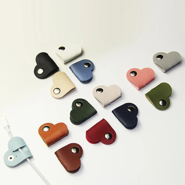 Wholesale pu leather heart shape cable organizer logo print earphone cable organizer for advertising promotional gifts