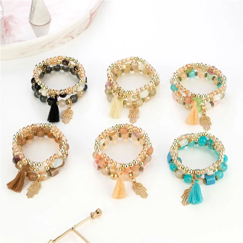 Trendy Boho Hamasa Hand Charm Bracelet Jewelry For Womans Fashion Tassel Beaded Bracelet Sets Wholesale