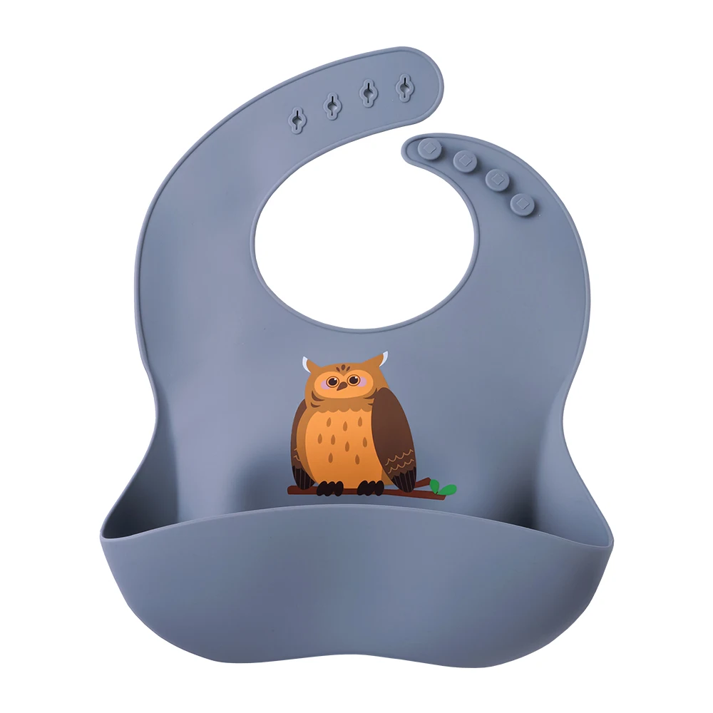 Wholesale Price New Arrival Cute Owl Animal Waterproof Washable Dinner Baby Feeding BPA Free Food Grade Silicone Baby Bibs