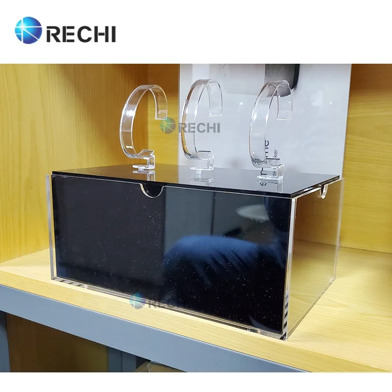 RECHI Custom Clear Acrylic Smart Watch Retail Display Stand Showcase For Three Luxury Wrist Watches Lucite Storage Display Box