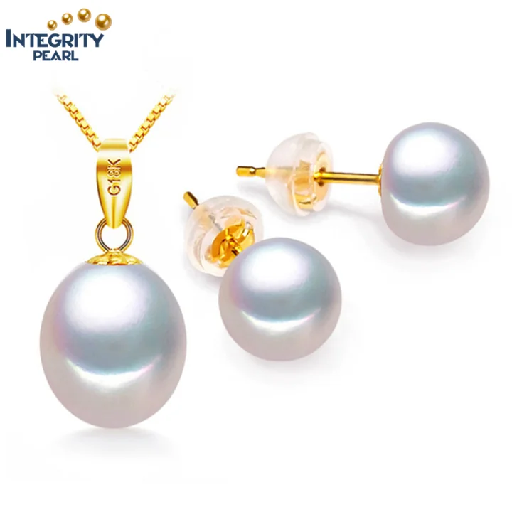 Real solid 18K genuine pure karat yellow gold Fresh Water Natural Freshwater Cultured Pearl Jewellery Jewelry Set