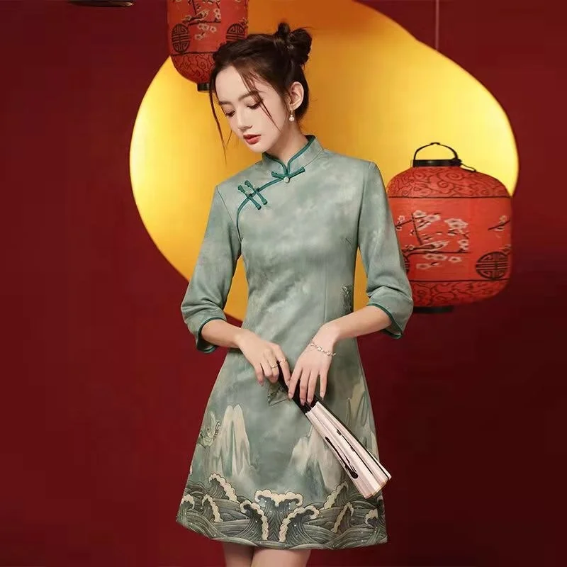 Модная китайская юбка Cheongsam новая популярная 2024 короткая улучшенное красное платье для подружки невесты вечернее Qipao