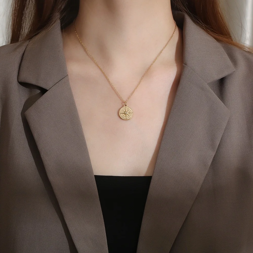 Compass stainless steel gold plated necklace for men and women