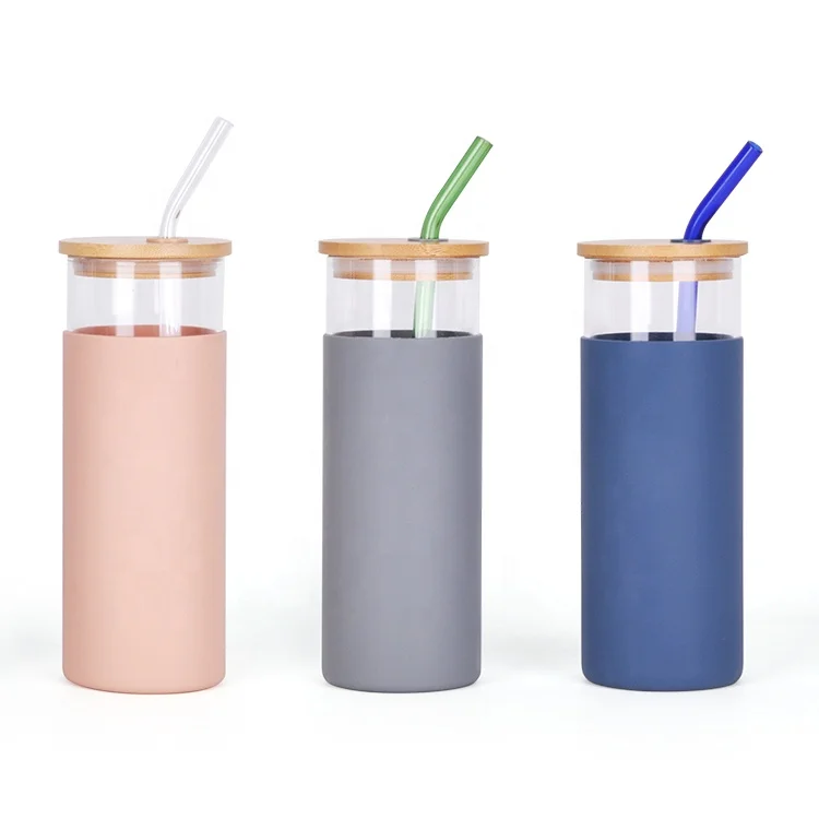 
Hot Sales BPA free bamboo lid silicone sleeve drinking glass tumbler cup with straw 15 Oz 