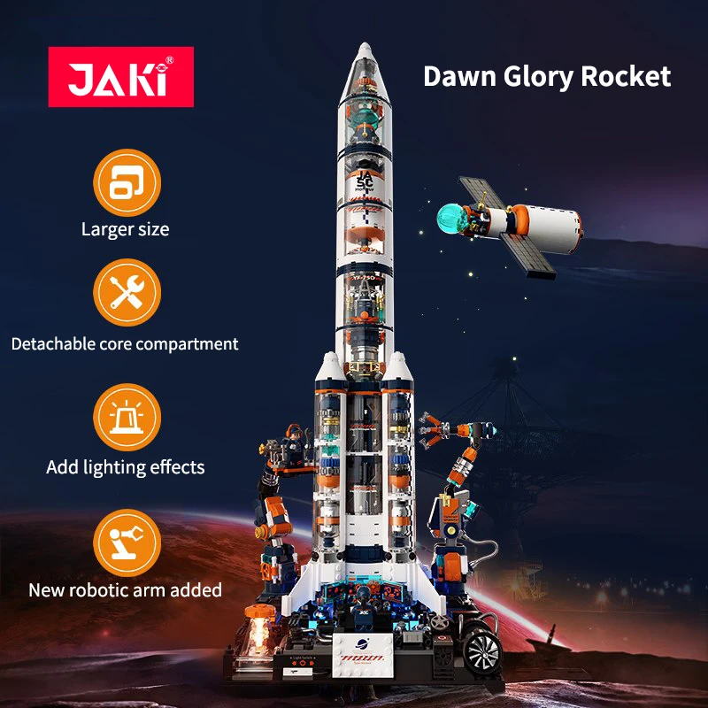 JAKI wholesale large size building bricks toy set DIY construction dawn glory rocket blocks model toys with light