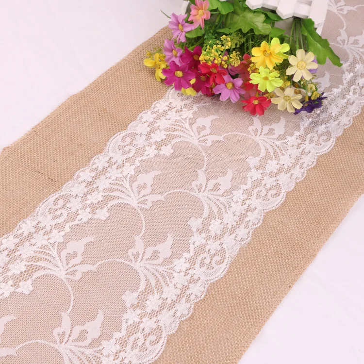 Boho style 30cm wide cheesecloth dining room burlap jute dining table runner with lace home decoration