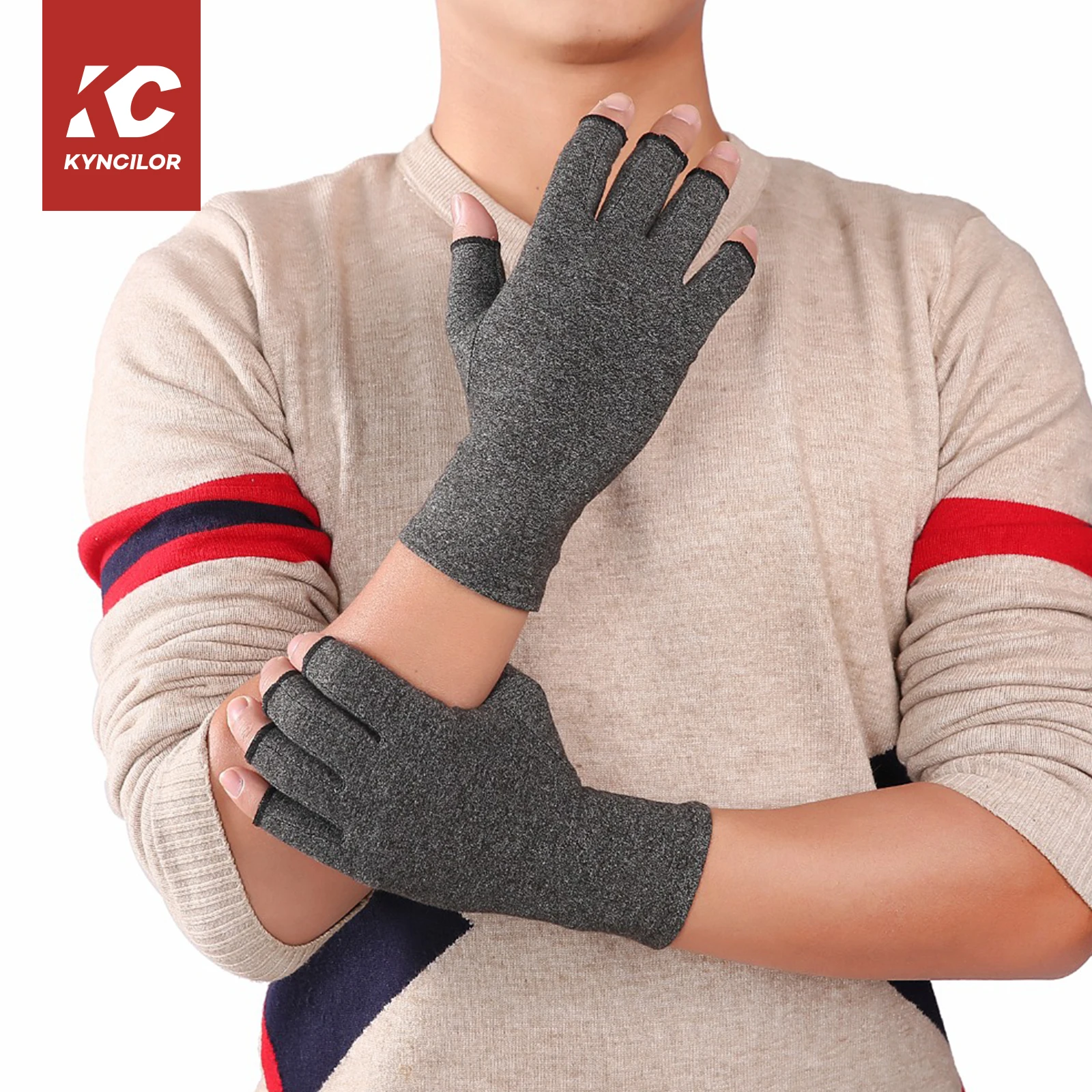 Orthopedic Grey Spandex Cotton Work Anti Arthritis Gloves Arthritis Compression Fingerless Gloves