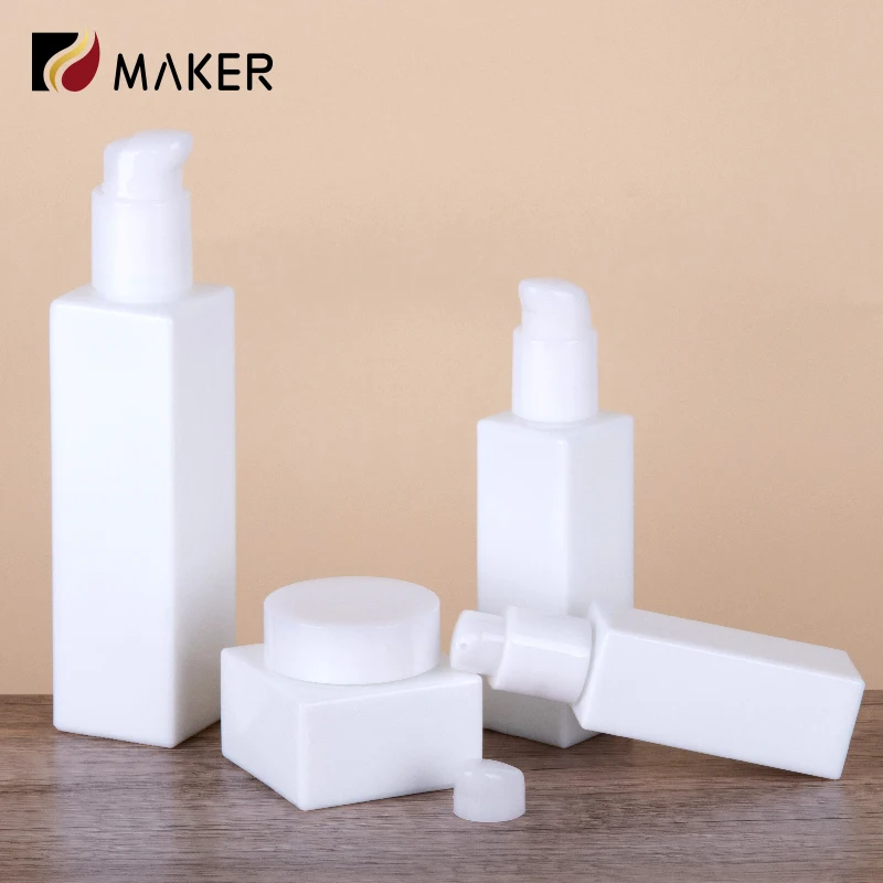 Empty Square White Jade Glass Cosmetic Bottle Set 30ml 50ml 100ml 120ml 50g Cream Jar Emulsion Lotion Bottle With Bamboo Lids