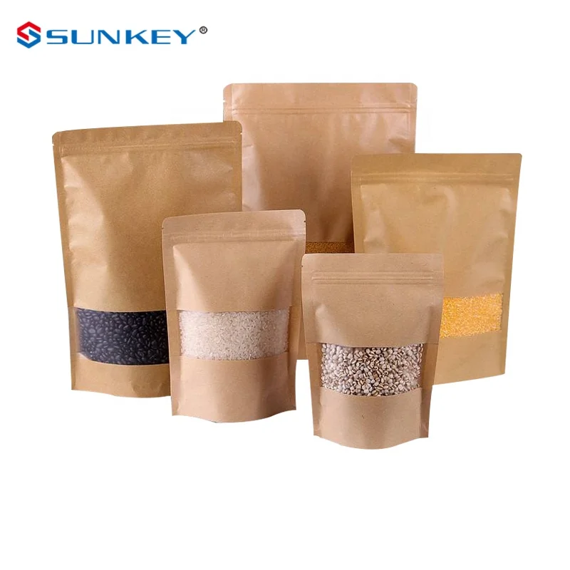 Heat Sealed Transparent Kraft Paper Food Zipper Packaging Snack Stand Up Bags With Window