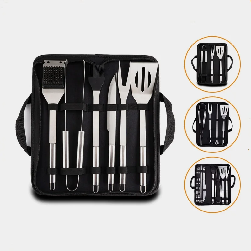 wholesale  canvas bag barbecue set combination stainless steel grill fork spatula clamp round tube handle tool