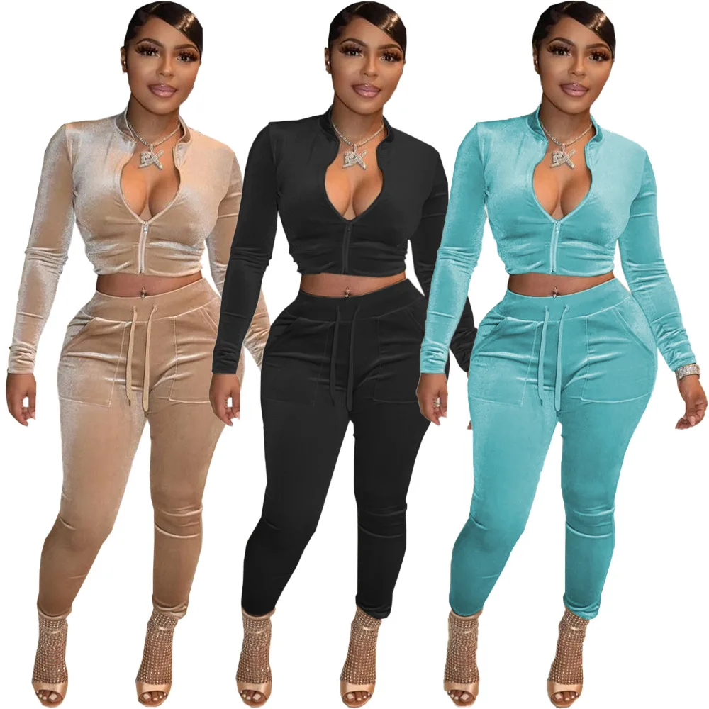 Lucky Label Zipper Wholesale Slim Fit Plus Size Reflective Women Velour Tracksuit With Pockets