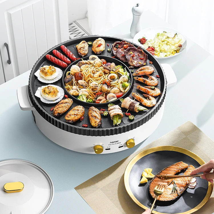 1700w Aluminum Korean 2 In 1 Bbq Grill Hot Pot, Indoor Grill Electric Smokeless