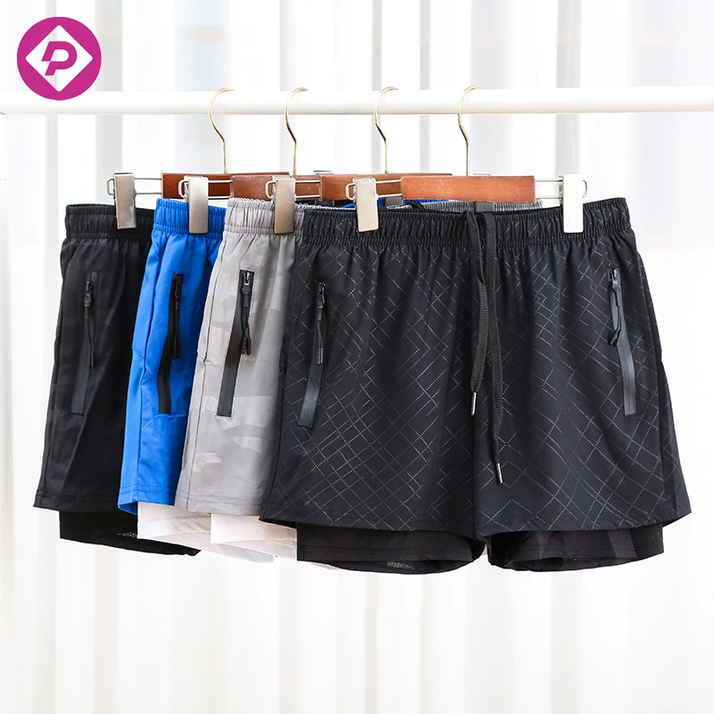 2 In 1 5 Inch Sweat Gym Shorts Men Compression Liner Woven Embossed Workout Double Layer Mesh Shorts
