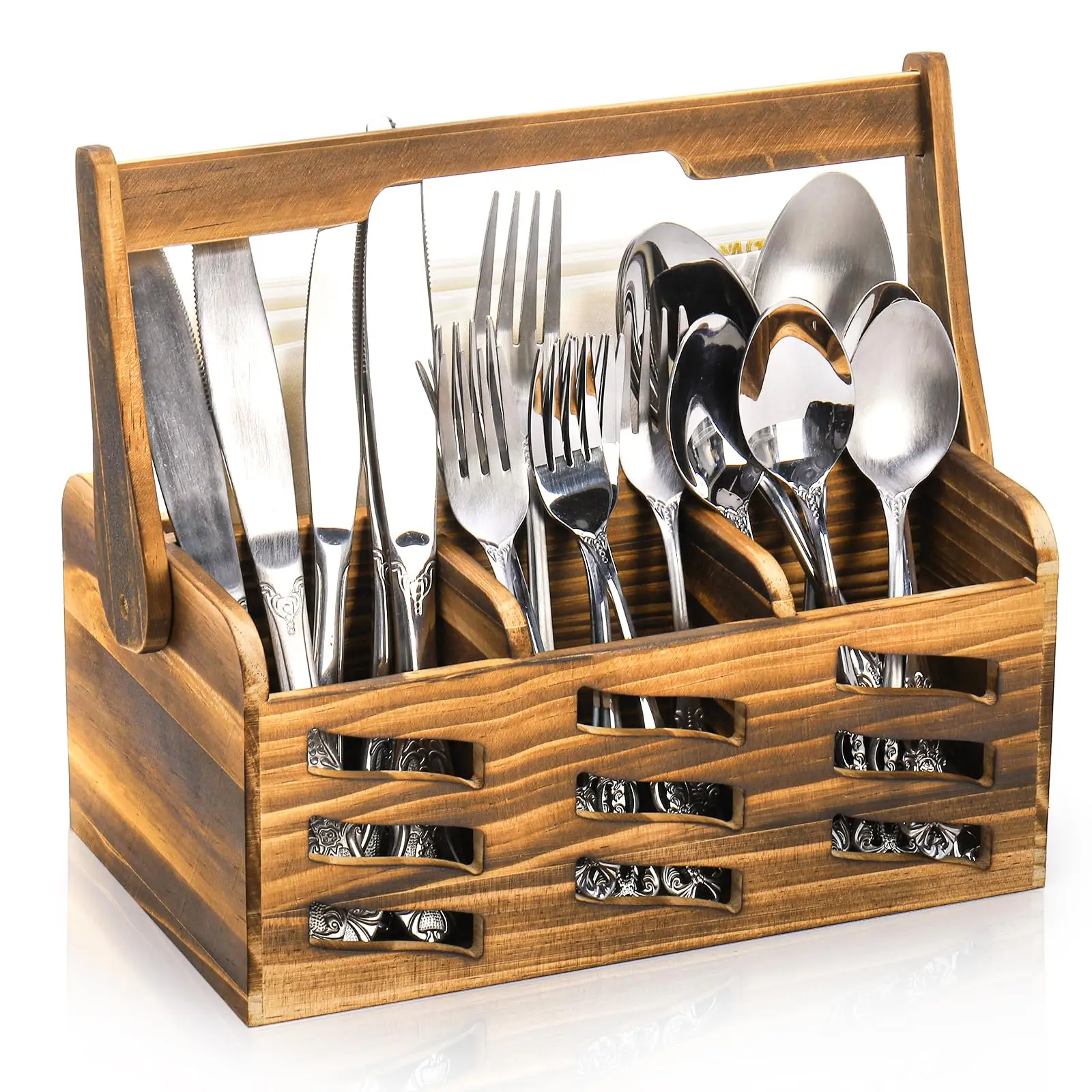4 Compartment Silverware Caddy Handle Wooden Flatware Utensil Holder Cutlery Organizer Kitchen Farmhouse Decor Camping Picnic