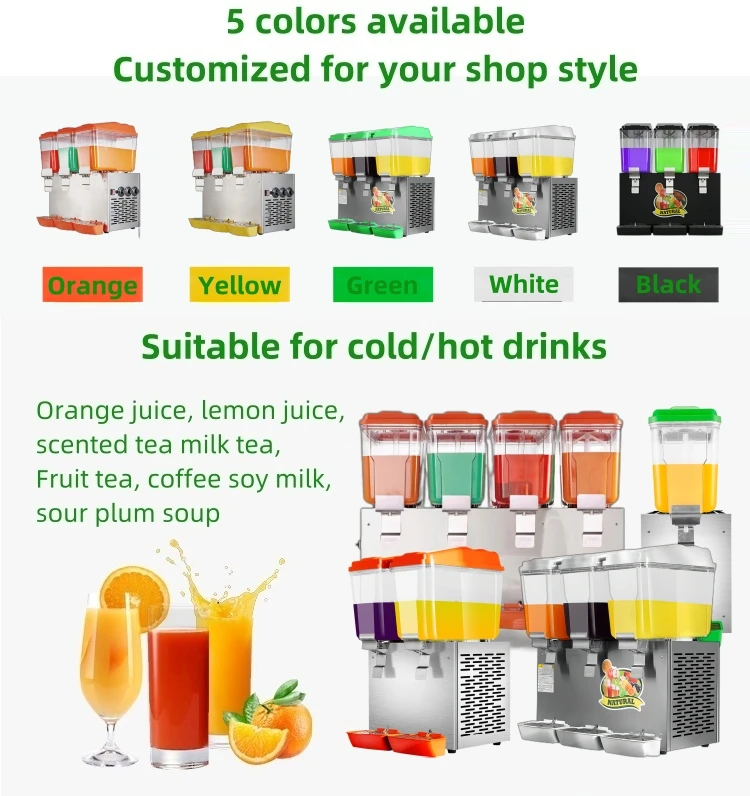 Multifunctional commercial 3-cylinder 48L cold and hot stirred PVC can beverage dispenser fruit juice dispenser