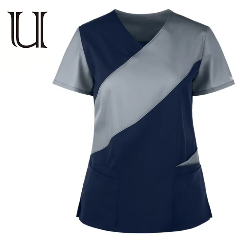 
Unisex Stretch Scrubs Nursing Workwear Color Blocking V Neck Scrub Shirt 