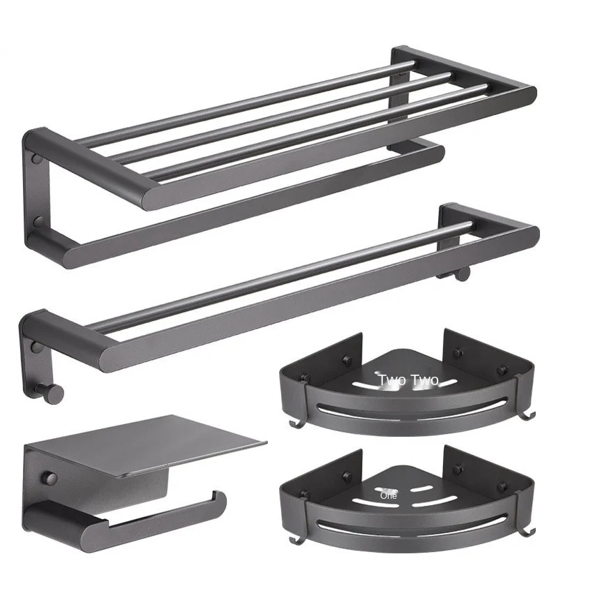 High quality gun gray bath towel rack set bathroom punch-free aluminum towel rack toilet storage storage rack