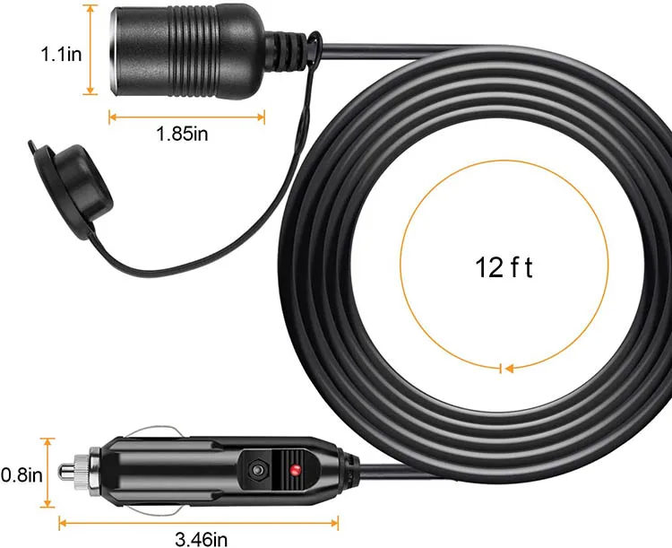 12V Cigarette Lighter Extension Cord Cable Male to Female with Cap for Air Compressor Tire Pump Cooler Fridge