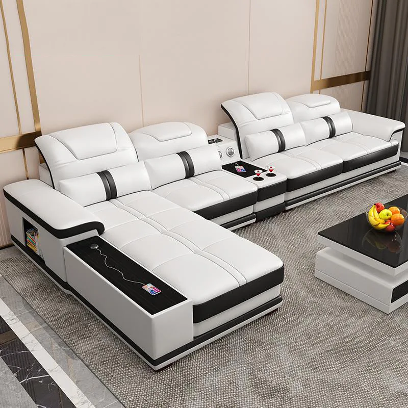 L Shaped Modern Sectional Black and White MIcrofiber fabric Functional Living Room Sofas Set with Speaker for Home
