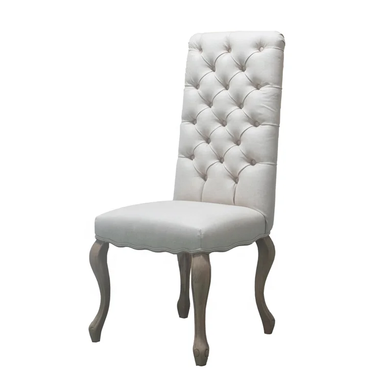 French Style Linen Button Tufted Oak Wood Dining Chair P0070-1