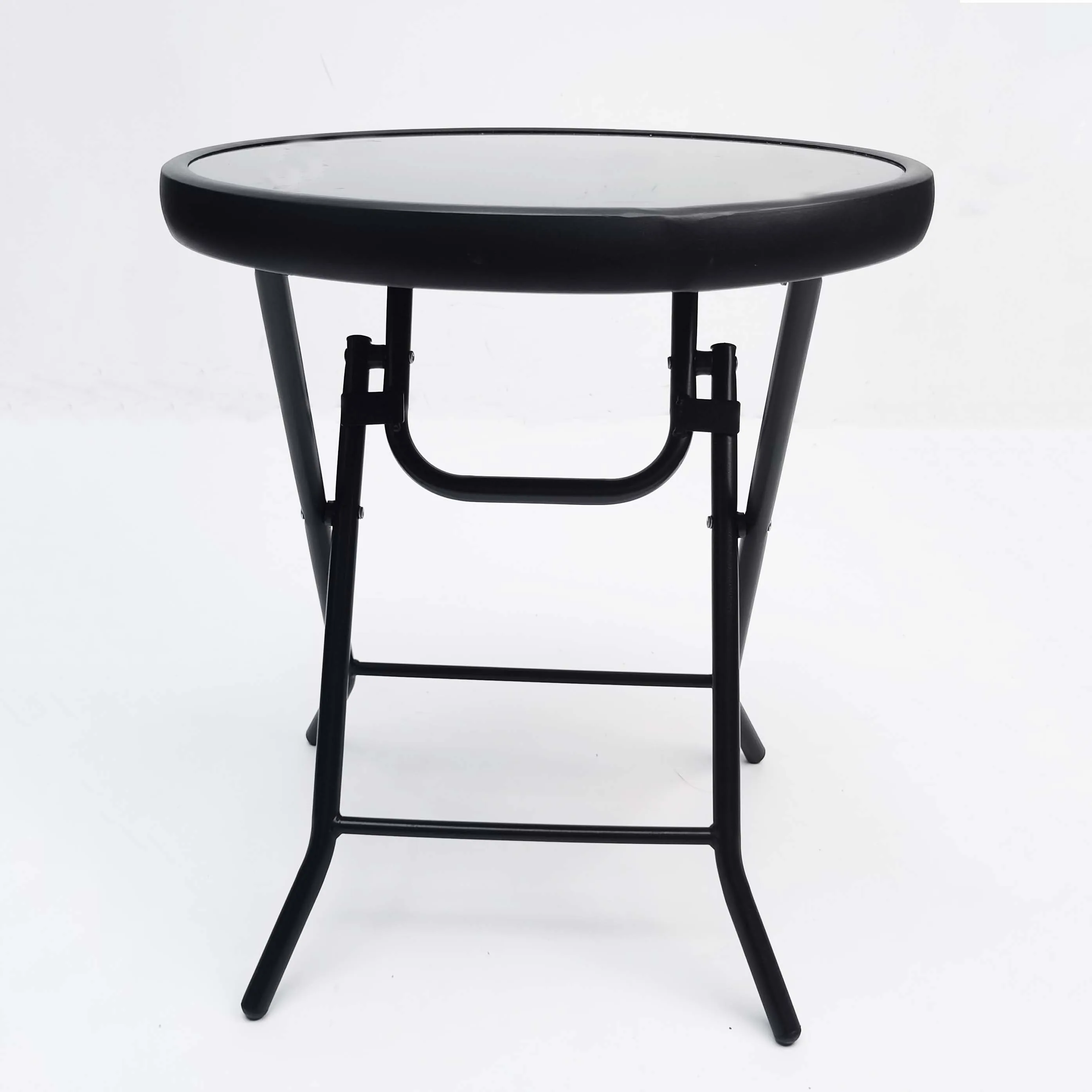 Hot Selling Round Shape Stainless Steel Folding Table Portable Outdoor Coffee Table Bistro Top Temper Glass Table