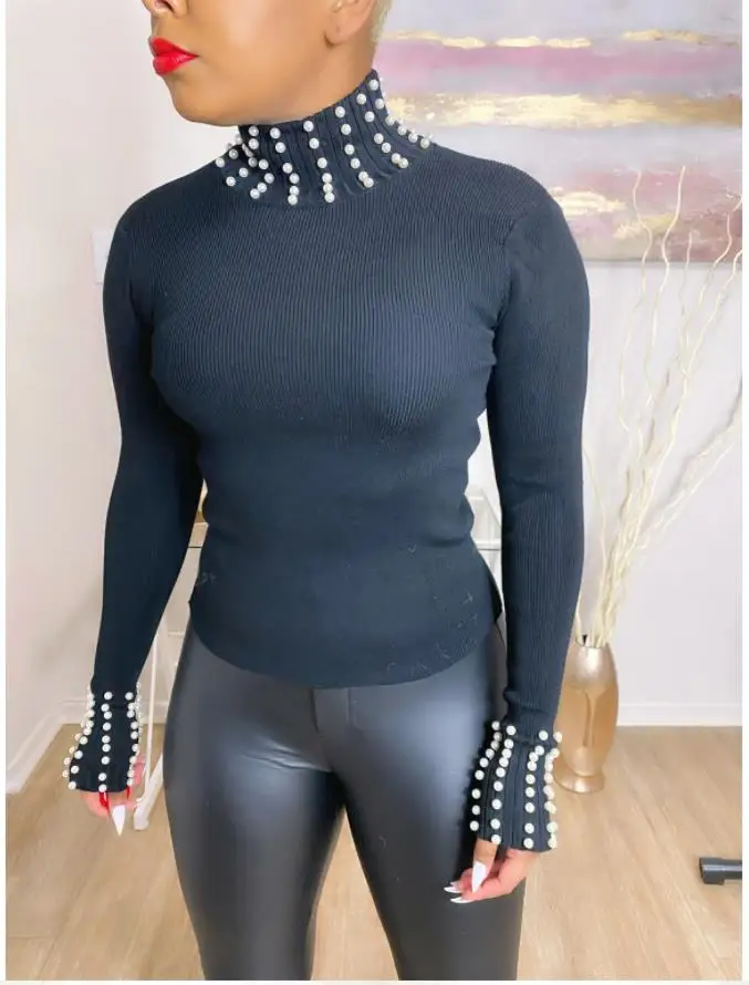 Winter pearl ribbed elastic high neck long sleeve crop top shirt