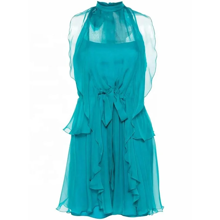 HIgh quality custom fashion real silk elegant ocean blue short sleeveless dress of woman