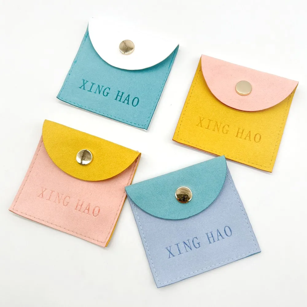 Custom Logo Printed Small Envelope Splicing color Bag Luxury Microfiber Necklace Jewelry Button Pouch With Emboss Logo