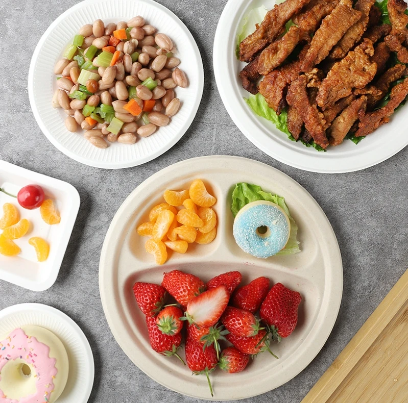 7 8 9 11 12 inch Restaurant Disposable Safe Tray Sugar Cane Bagasse Packaging Plate Round Shape paper plates & bowls