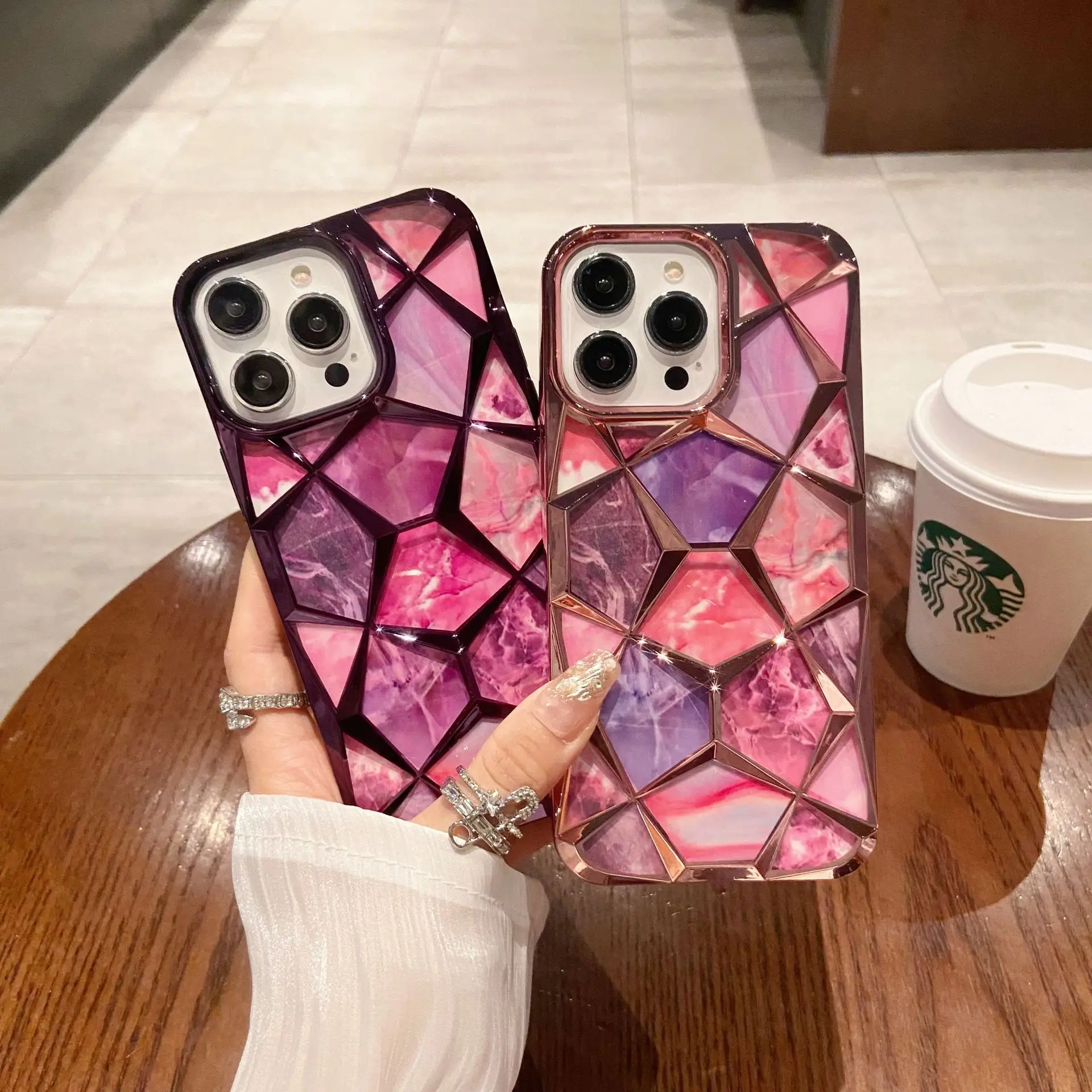 Gradient Glitter Marble Diamond Texture 3D Lattice Phone Case, Plating Soft TPU Cover for iphones 16 15 14 13 12 11 pro max