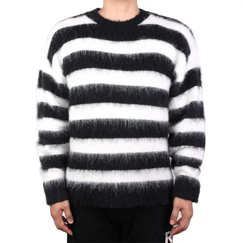 Knitwear merino wool  sweater Custom Stripe pull Mohair woollen Men Sweater Fuzzy  Knit Pullovers Jacquard Fur Wool Sweater M