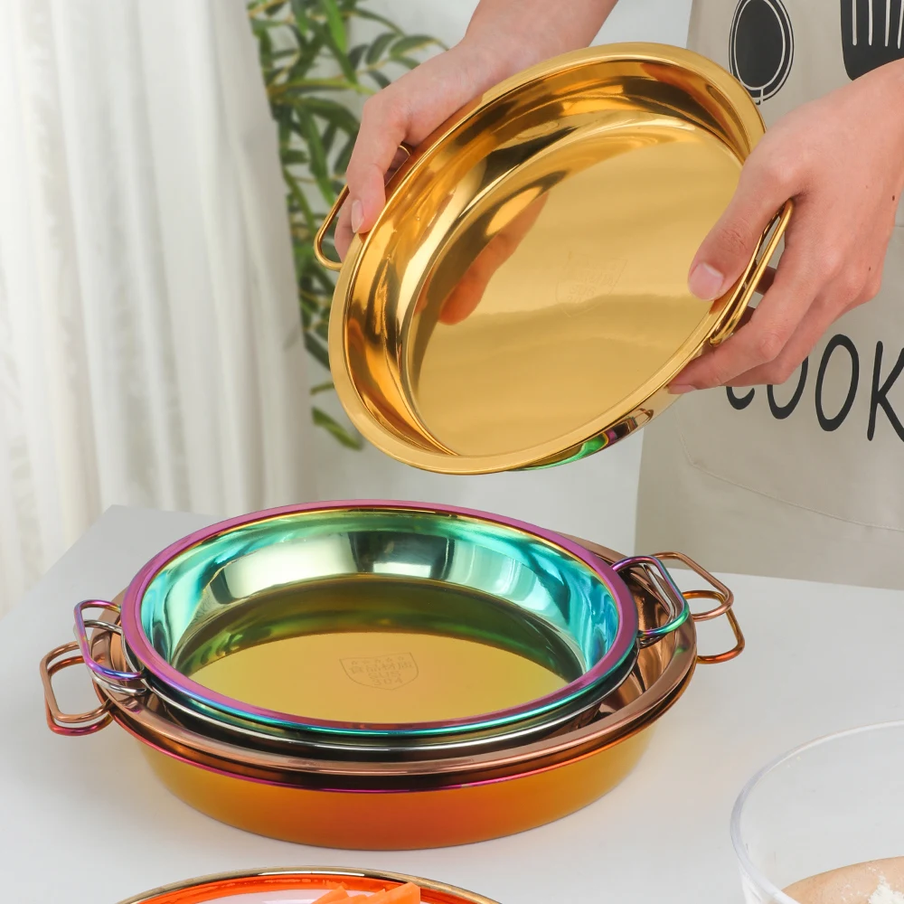 Restaurant Kitchen Metal Silver Plate Dish Stainless Steel Serving Tray Plate With Handle