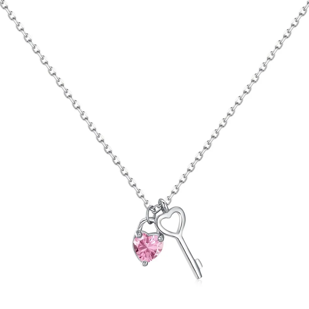 2024 New Jewelry Fashion 925 Sterling Silver Link Chain Pink Zircon Heart Key Pendant Necklace For Women