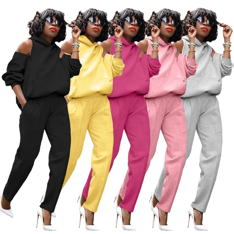 
XM-2091206 Casual Lady 2 Pis Sweat Suit Long Sleeve Hooded Zipper Tops And Pants Outfit Plus Size Autumn Women Two Piece Set 