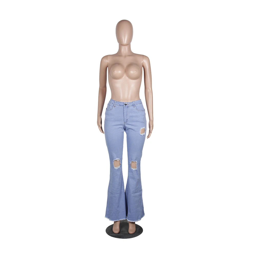 Neyaolk Wholesale Casual Sexy Women Pants High Waist Wash Wide Leg Hole Jeans