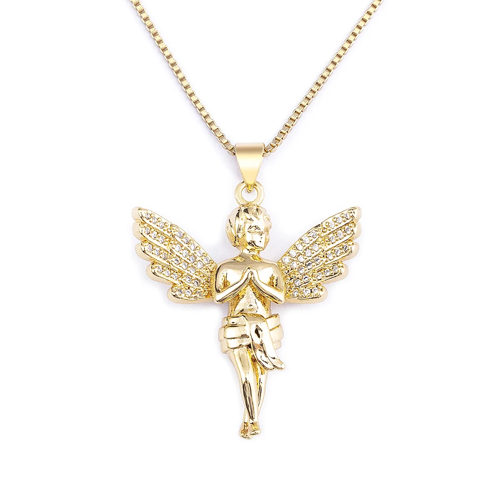 QIKU Romantic Angel Shape Gold Color Pendant Women Necklace Copper Zircon Religious Pray Jewelry Accessories Anniversary Gift