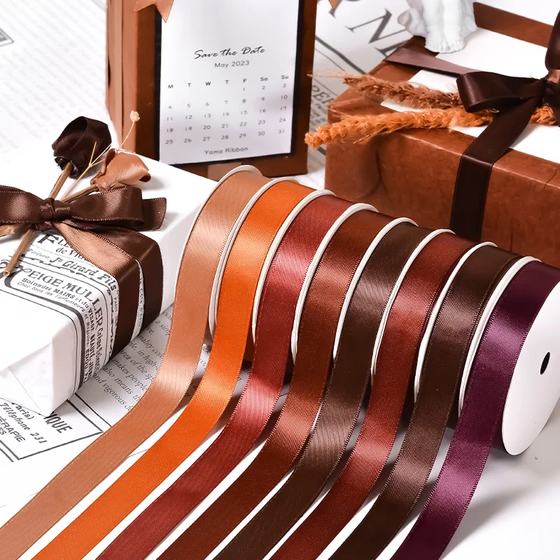 Brown satin silk ribbon for holiday gift package wrapping 100yard roll 24 colors wholesale