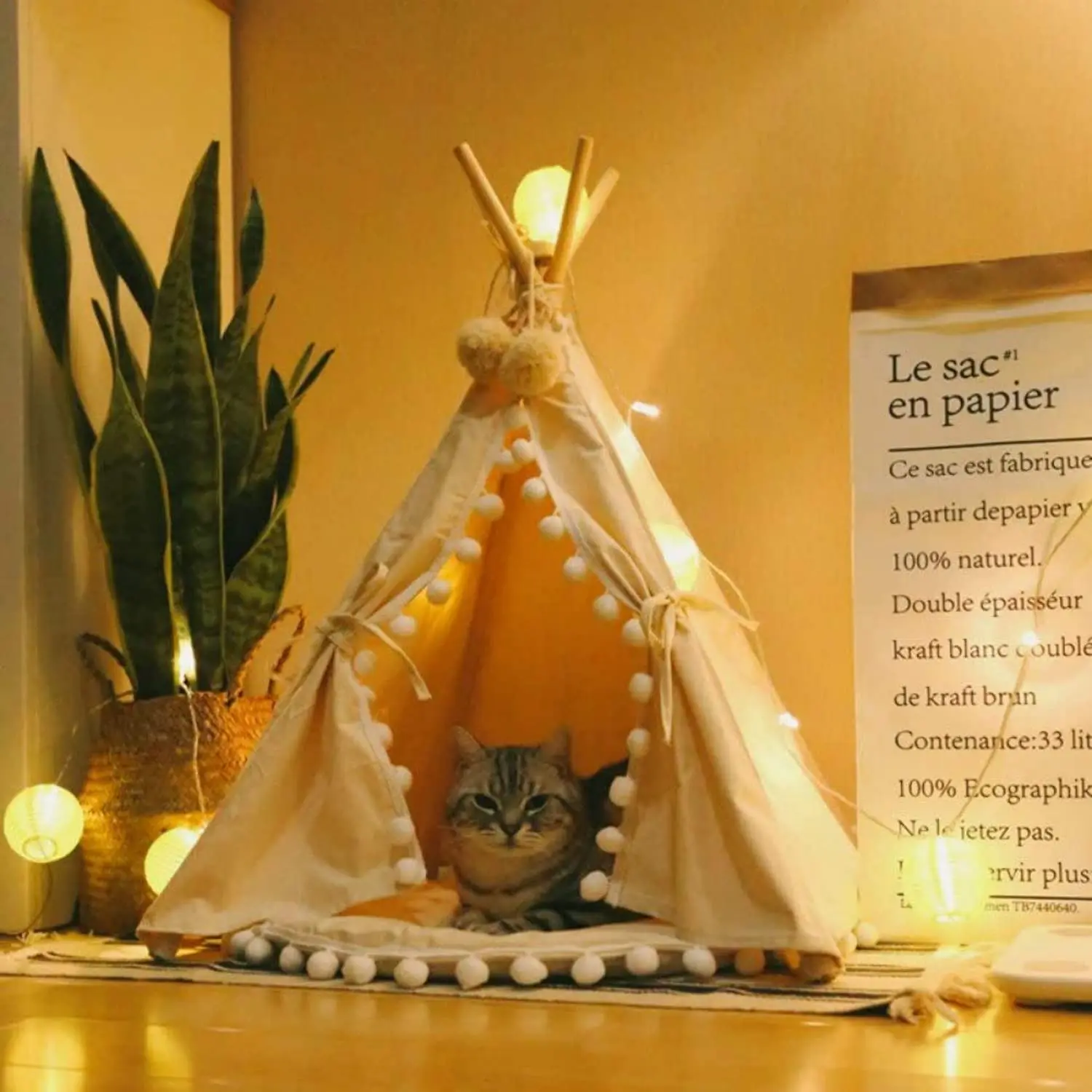 MiaPeta  Portable Pet Teepee House Fold Away Pet Tent Furniture Cat Bed with Cushion for Small Dog Cat  Beige Green